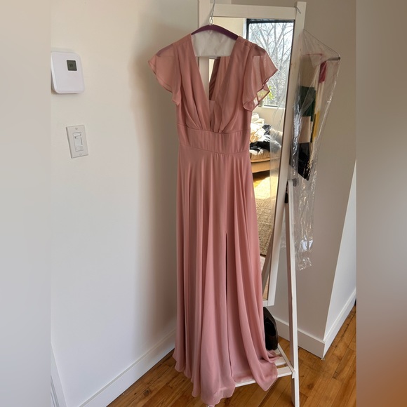Dusty rose long chiffon bridesmaid dress, gown with slit for leg. - Picture 3 of 4